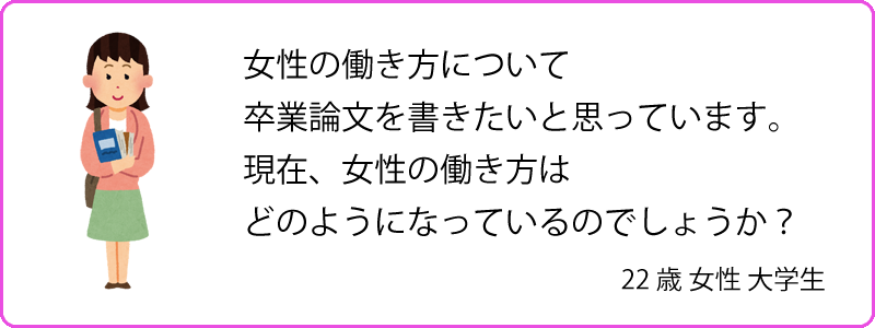 「女性の働き方について卒業論文を書きたいと思っています。現在、女性の働き方はどのようになっているのでしょうか?」22 歳女性、大学生