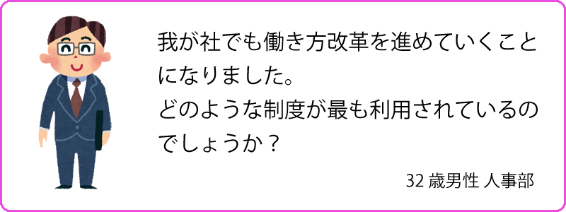 「我が社でも働き方改革を進めていくことになりました。どのような制度が最も利用されているのでしょうか?32 歳男性、人事部